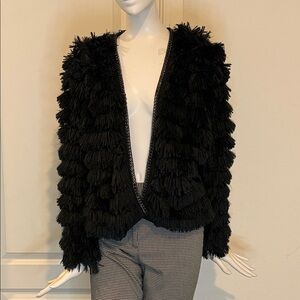 Chic Black Fur-Fringe Jacket with Chain Detail
